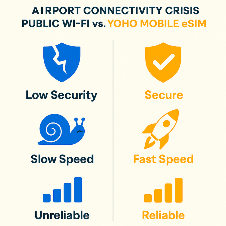 An infographic comparing the security, speed, and reliability of public airport Wi-Fi versus a Yoho Mobile eSIM during travel disruptions.