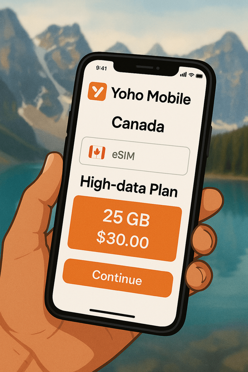 A user selects a Yoho Mobile eSIM data plan for Canada on their smartphone app before their ski trip to Banff.