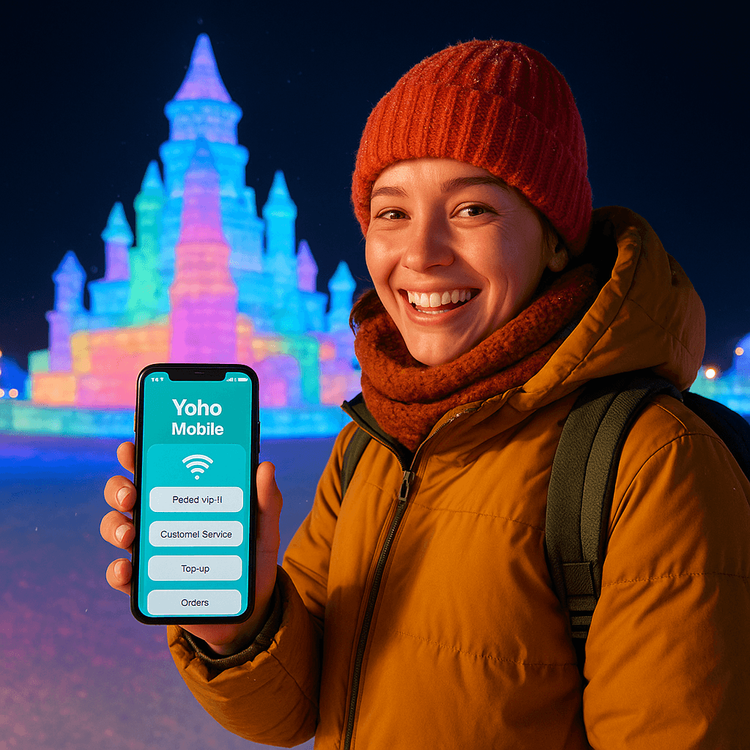 Traveler using a Yoho Mobile eSIM at the Harbin Ice Festival.