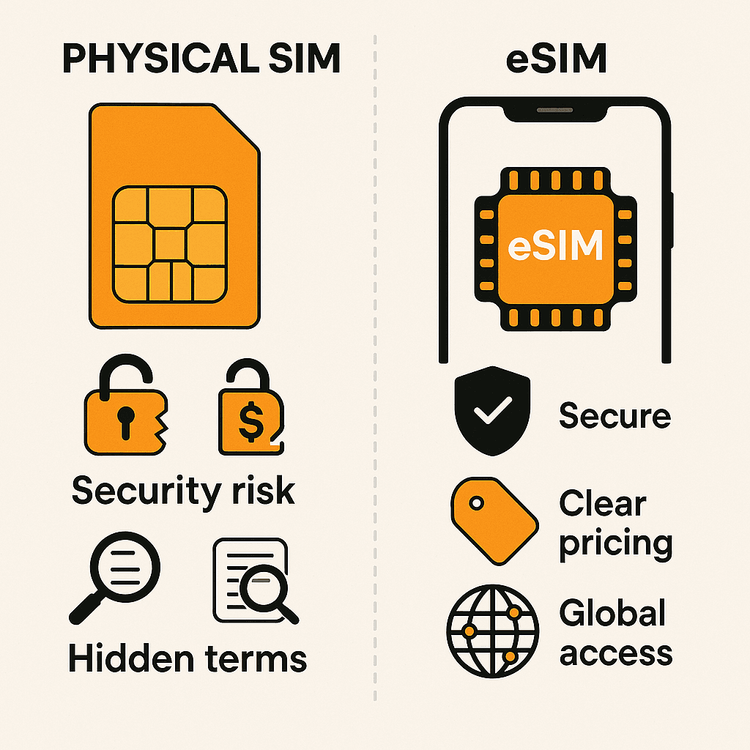 Infographic comparing the security risks and hidden costs of physical SIMs with the transparent and secure benefits of an eSIM.