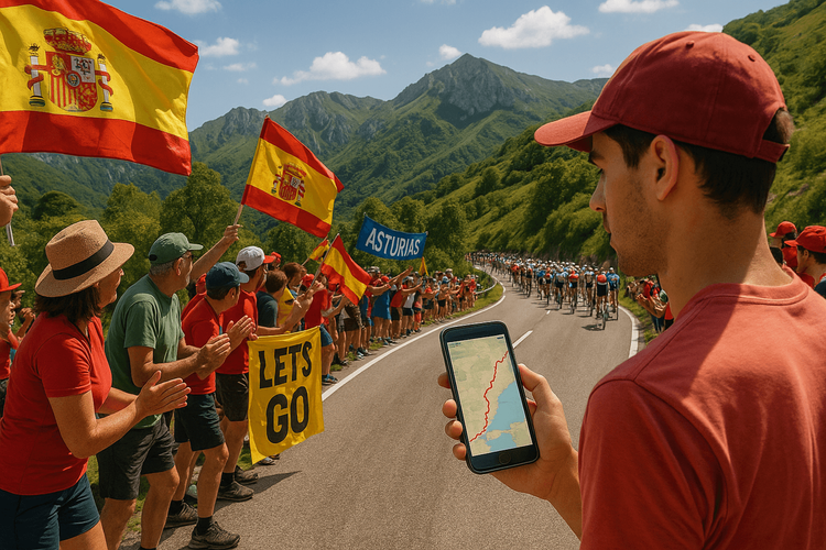 Excited cycling fans line a scenic mountain road in Spain, eagerly awaiting the arrival of the La Vuelta peloton.