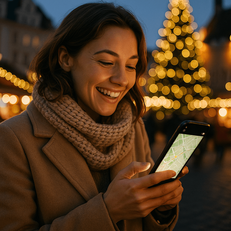A woman happily using her smartphone with a Yoho Mobile eSIM for navigation at a European Christmas market.