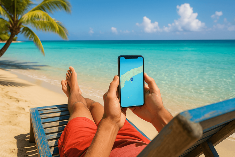 A person using their phone with a reliable Yoho Mobile eSIM connection on a beautiful beach in Roatán, Honduras.