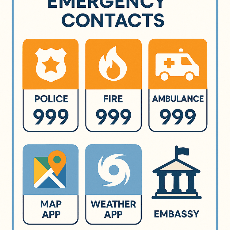 Infographic showing essential emergency contacts for Hong Kong, including the 999 number and icons for maps and weather alerts.