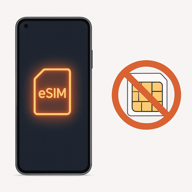 Illustration comparing a modern smartphone with an internal eSIM versus an outdated physical SIM card.