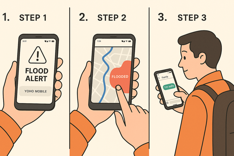 Diagram showing how an eSIM helps a traveler check alerts, navigate safely, and communicate during a flood emergency in Thailand.