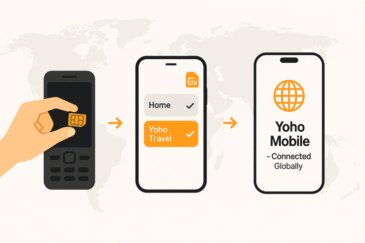Infographic showing the evolution from physical SIM cards to the convenience of Yoho Mobile eSIM for travel.