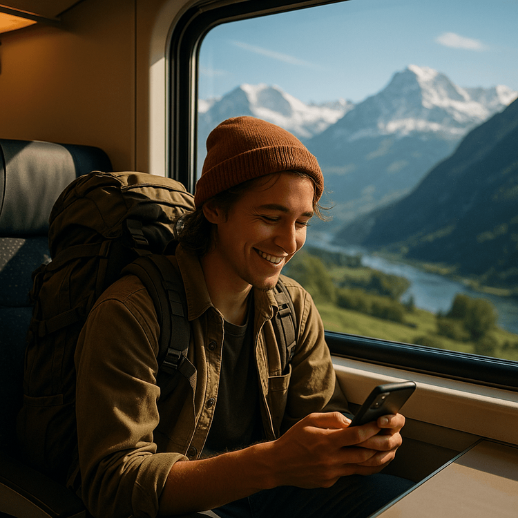 A happy backpacker using their phone with a reliable eSIM connection while on a scenic train journey through the Swiss Alps.