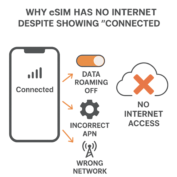 Infographic diagram showing common reasons for an eSIM being connected with no internet, including data roaming, APN settings, and network selection.