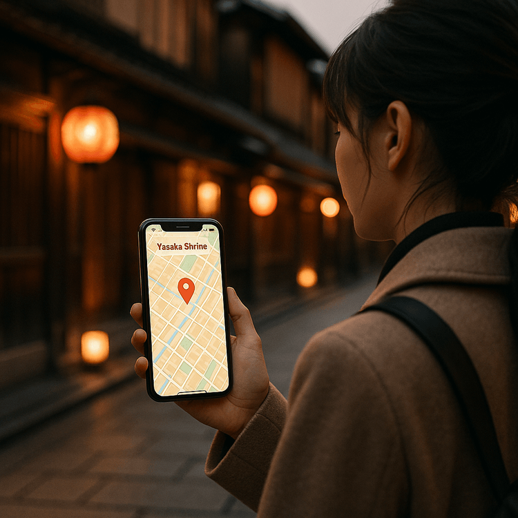 A traveler using her phone with a Yoho Mobile eSIM to navigate the streets of Gion, Kyoto.