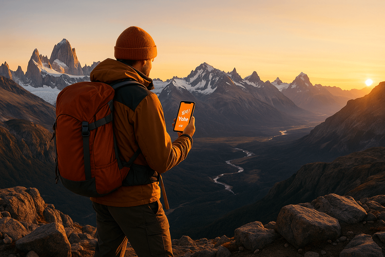 Adventurer using a Yoho Mobile eSIM for connectivity in a remote mountain location.