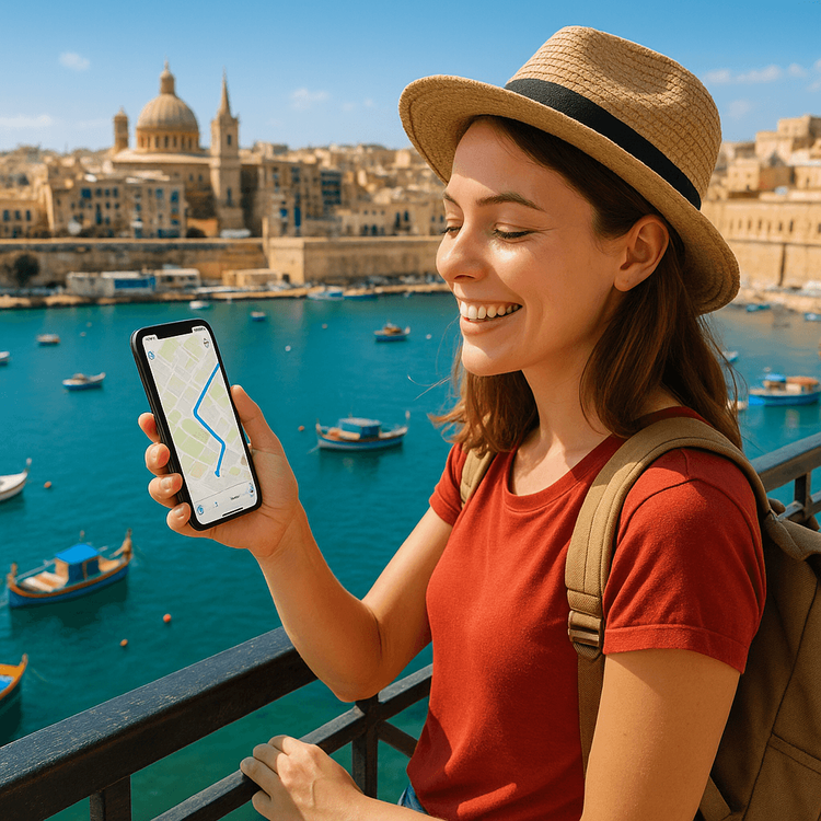 A traveler happily using her phone with a Yoho Mobile eSIM for navigation in Valletta, Malta.
