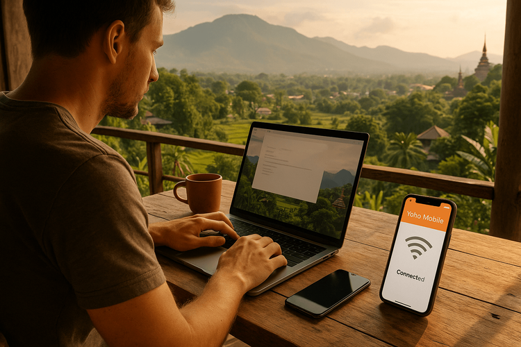 A digital nomad working productively in a cafe abroad, with their phone showing a strong connection thanks to Yoho Mobile eSIM.