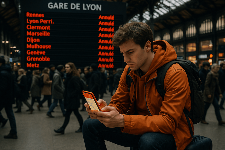 A traveler using his phone to rebook plans in a French train station during a transport strike.