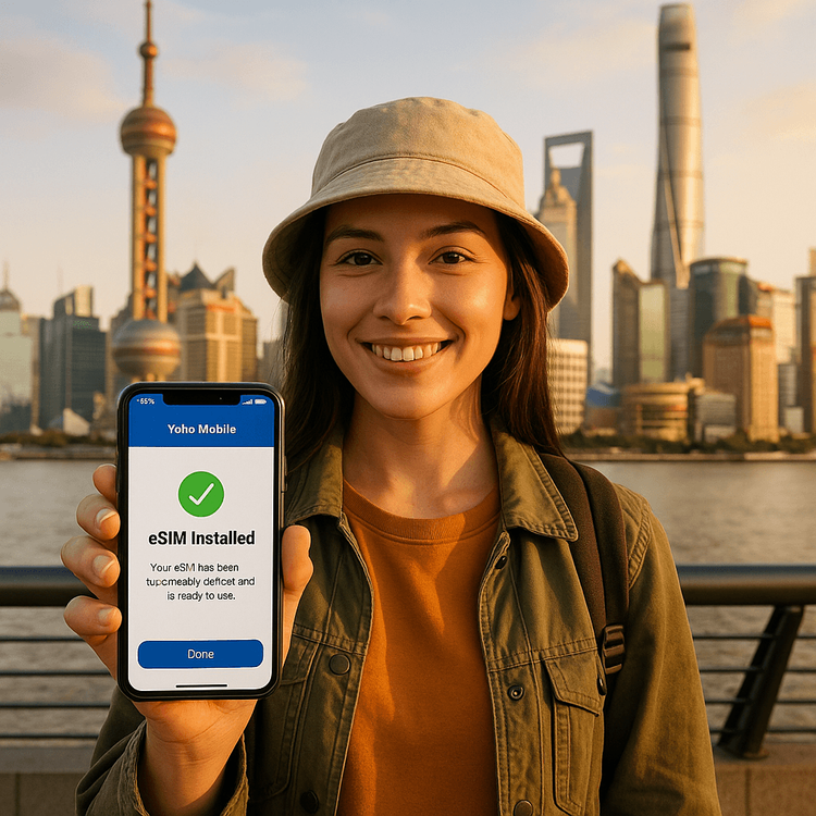 A traveler easily installing her Yoho Mobile eSIM on her phone with the Shanghai skyline in the background.