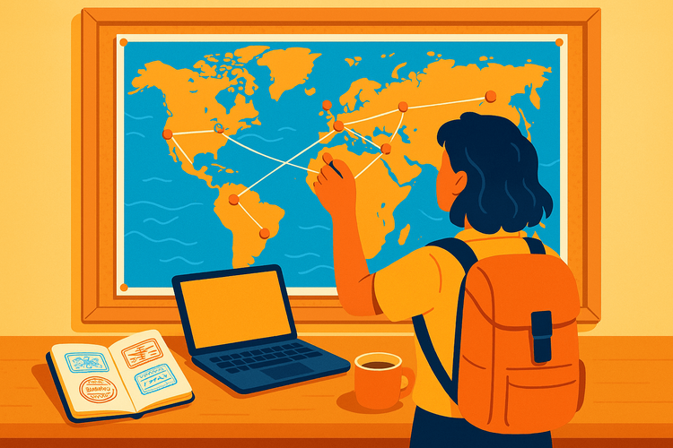 A traveler planning a long-term world trip with a map and passport.