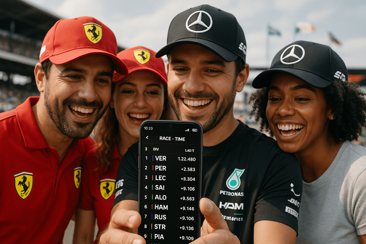 F1 fans at a Grand Prix using a smartphone with Yoho Mobile eSIM to follow the race live.