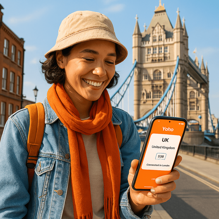A happy traveler using a Yoho Mobile eSIM on their phone with a strong 5G signal in front of London's Tower Bridge.