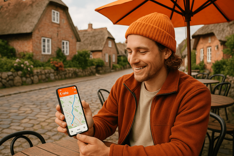 A happy traveler using a Yoho Mobile eSIM for navigation in a quaint German island village.