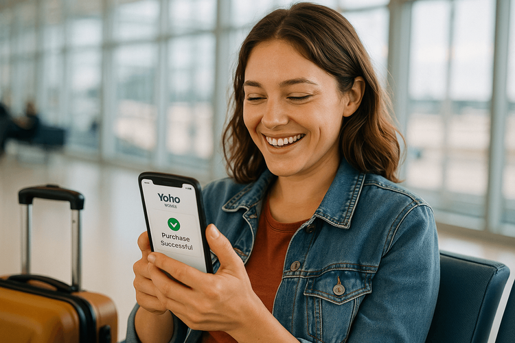 A happy traveler successfully purchasing a Yoho Mobile eSIM on her smartphone in an airport.