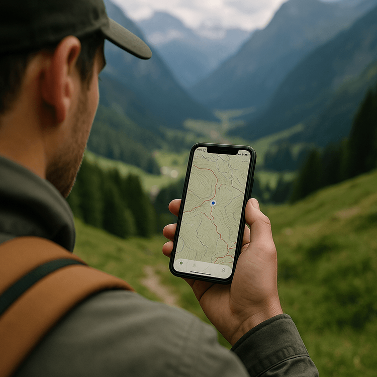 A hiker using a smartphone with an offline topographical map for trail navigation in the mountains.