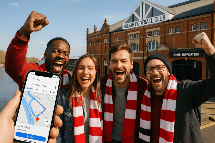 Football fans using a smartphone for directions outside Craven Cottage stadium in London.
