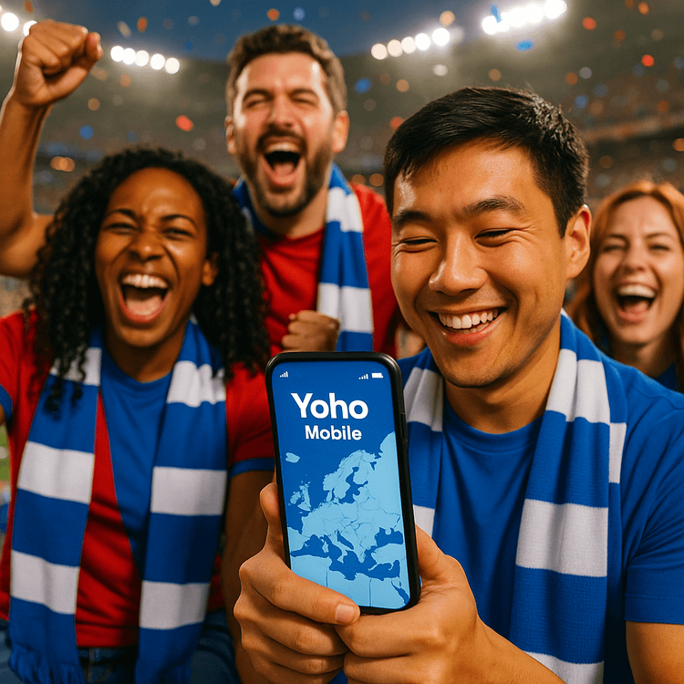 Football fans in a stadium celebrating a goal while staying connected with a Yoho Mobile eSIM.