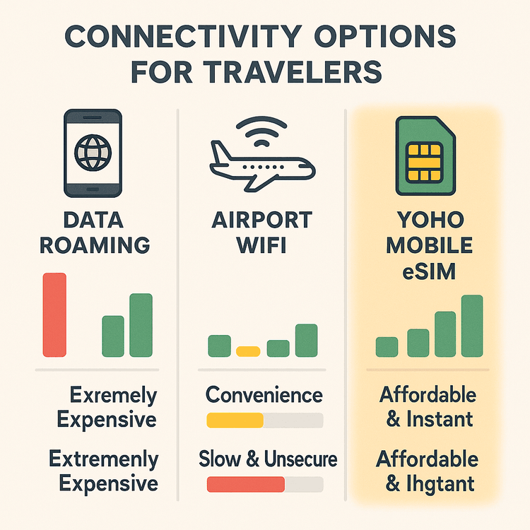 Infographic comparing Data Roaming, Airport WiFi, and Yoho Mobile eSIM on cost, convenience, and security for travelers.