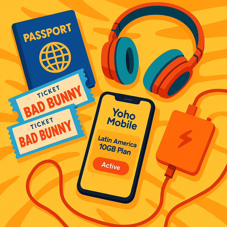 A fan's travel checklist for the Bad Bunny tour, with a smartphone displaying an active Yoho Mobile eSIM plan for Latin America.