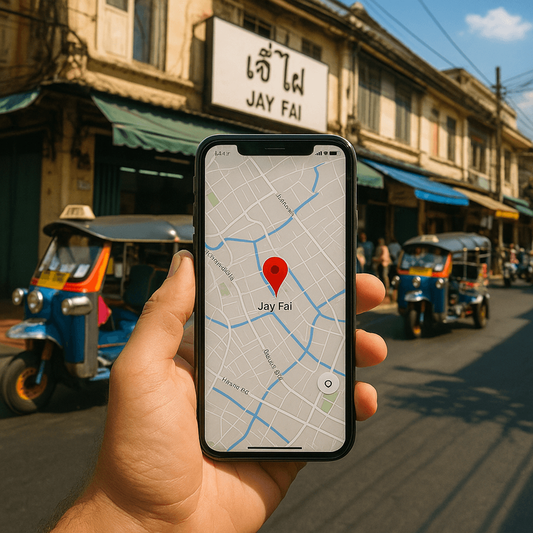 A traveler using a smartphone with a map to navigate to Jay Fai's restaurant in Bangkok.