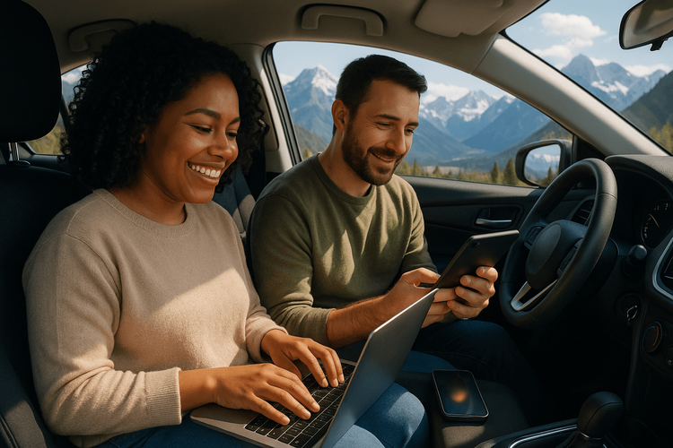Couple using a laptop and tablet connected to a Yoho Mobile eSIM hotspot inside their car during a scenic road trip.