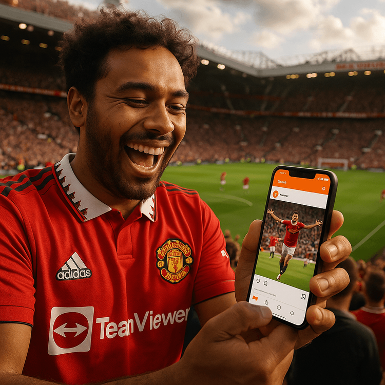 A Manchester United fan using a Yoho Mobile eSIM on their phone to share a moment at Old Trafford.