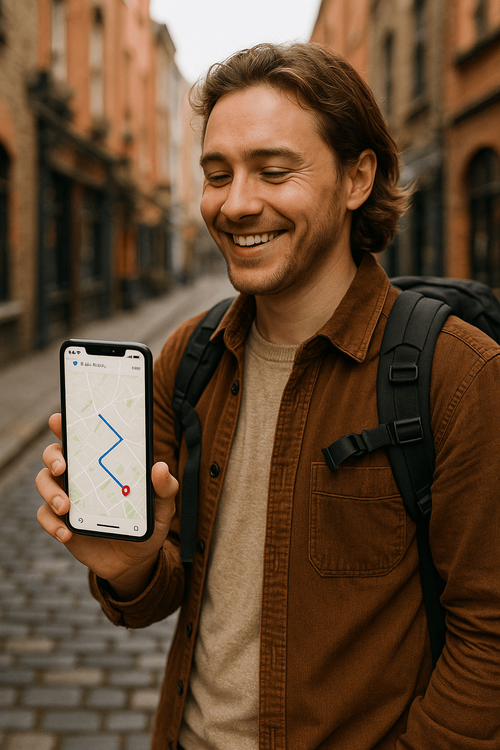 A happy traveler using their phone with a Yoho Mobile eSIM for navigation on a historic European street.