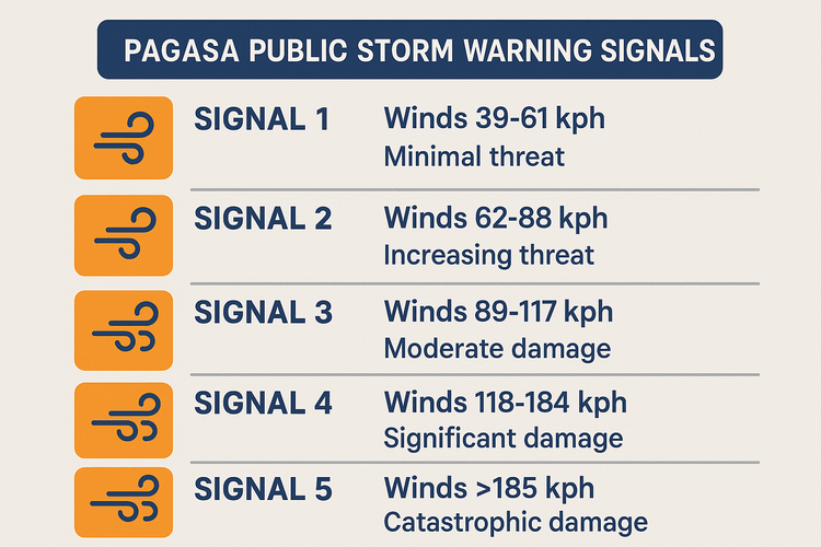 Infographic explaining the 5 levels of PAGASA Public Storm Warning Signals in the Philippines.