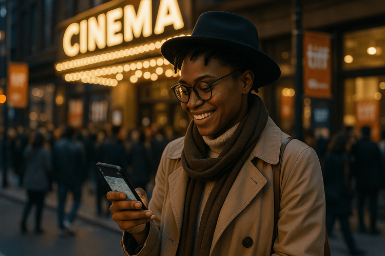 A happy traveler using their phone with a Yoho Mobile eSIM for navigation outside a venue at the Toronto International Film Festival.