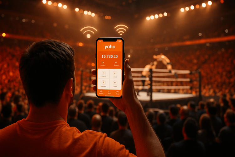 A wrestling fan using a Yoho Mobile eSIM on their phone to share moments from the AEW x NJPW Forbidden Door 2025 event in a packed arena.