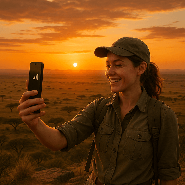 A traveler uses her Yoho Mobile eSIM to stay connected while on safari in the Serengeti, Tanzania.