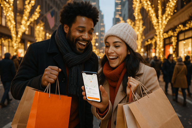 A couple happily using their phone to navigate Black Friday sales while shopping in a festive, decorated city.