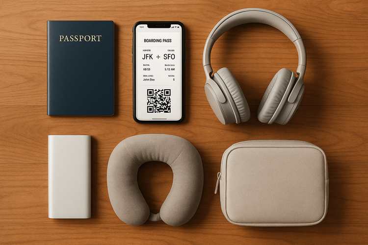 A flat lay of long-haul flight essentials for a carry-on bag, including a passport, smartphone, and power bank.