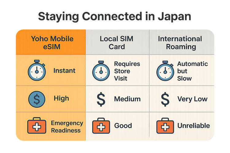 An infographic comparing the benefits of Yoho Mobile eSIM against local SIMs and roaming for travel in Japan.