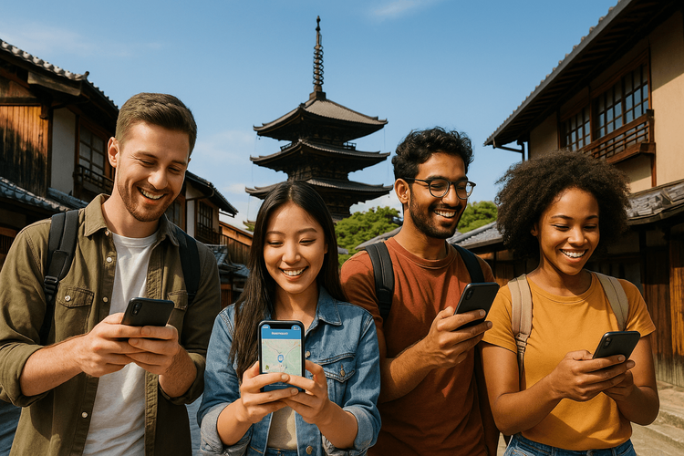A group of friends happily using their individual phones with Yoho Mobile eSIMs while traveling in Japan.