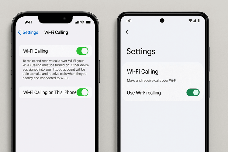 Step-by-step visual of how to enable Wi-Fi Calling in the settings on both iOS and Android devices.