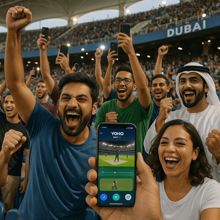 Fans de cricket enthousiastes utilisant leur téléphone avec une eSIM Yoho Mobile pour capturer des moments à l'Asia Cup 2025 aux EAU.