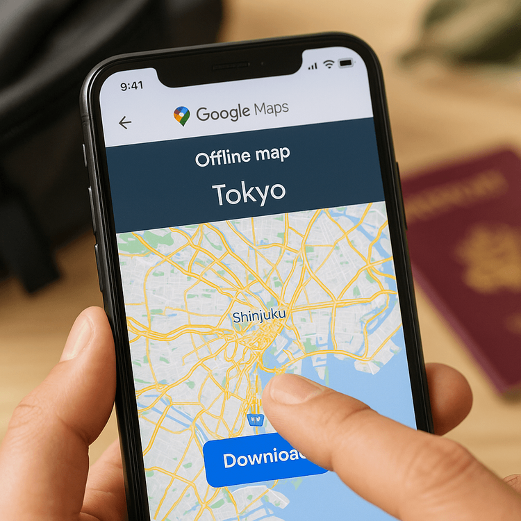 A person downloading an offline map of Tokyo on their smartphone to save data while traveling.