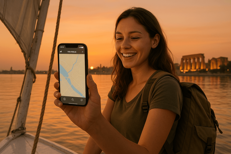 A traveler using a Yoho Mobile eSIM on her phone to stay connected while sailing on the Nile River in Luxor, Egypt.