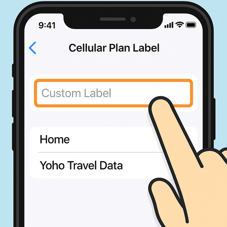 A diagram showing how to label eSIM and physical SIM plans on an iPhone in the cellular settings.