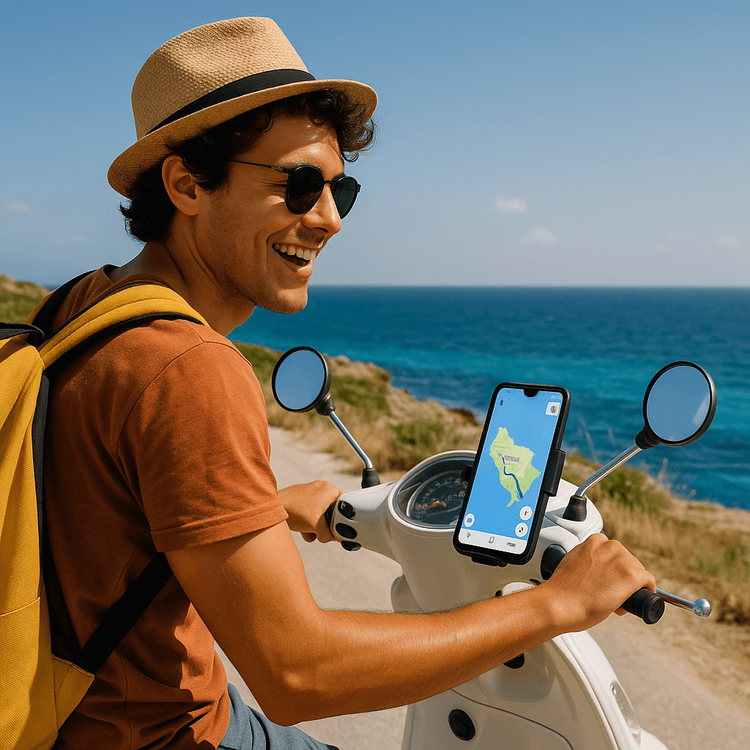 A traveler using a phone with a Yoho Mobile eSIM for navigation while exploring Favignana, Sicily, on a scooter.