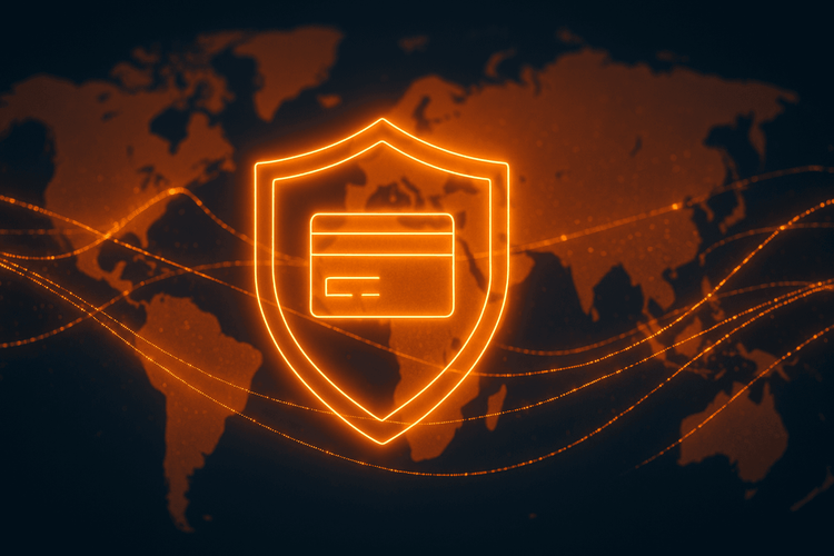 Conceptual image of a digital shield protecting financial data over a world map, symbolizing secure travel banking and finance.