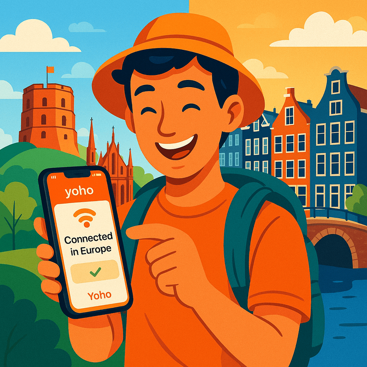 A traveler happily using a Yoho Mobile eSIM to stay connected while traveling between Vilnius, Lithuania and Amsterdam, Netherlands.