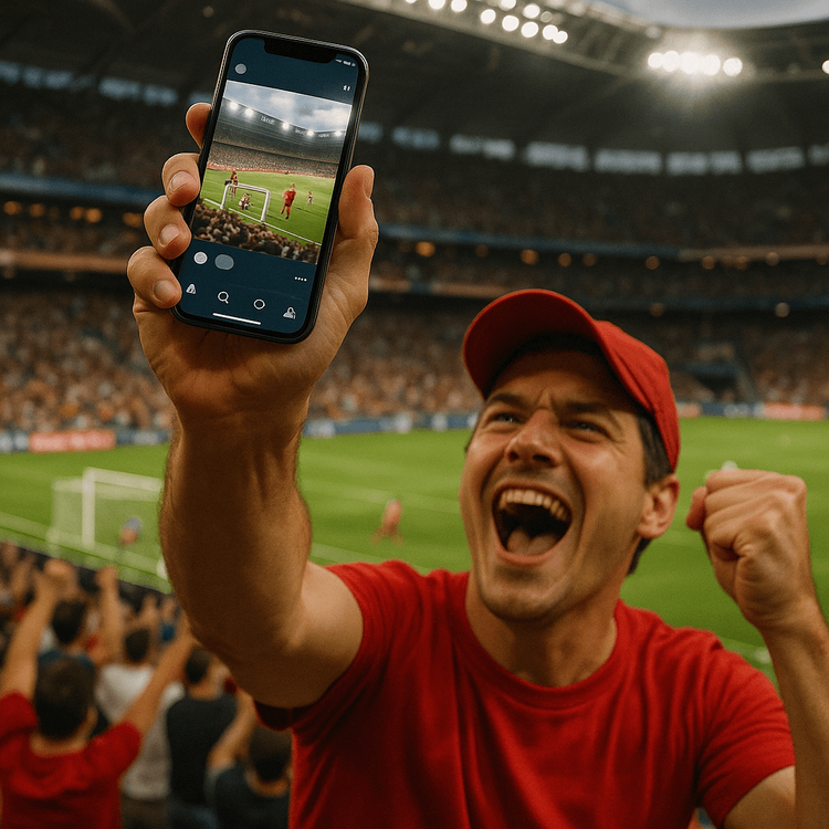 A football fan celebrating in a stadium while sharing a picture on their smartphone using Yoho Mobile eSIM data.